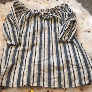 Navy striped off the shoulder prairie dress